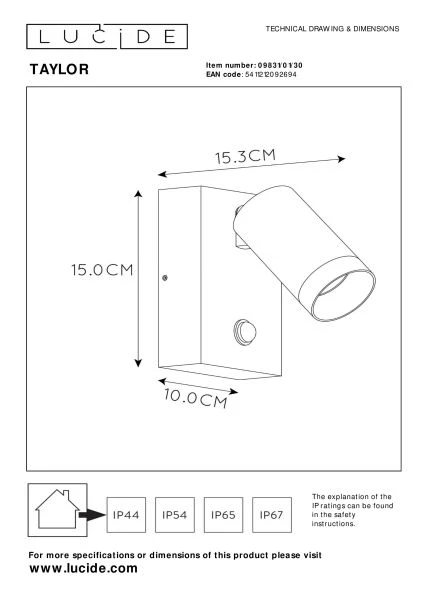 Lucide TAYLOR - Wall spotlight / Wall light Indoor/Outdoor - 1xGU10 - IP54 - Motion Sensor - Black - technical